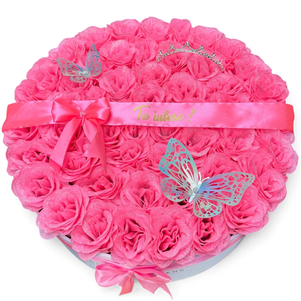 Aranjament floral 51 trandafiri roz cu sclipici