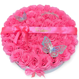 Aranjament floral 51 trandafiri roz cu sclipici