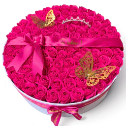 Aranjament floral 101 trandafiri roz aprins de sapun