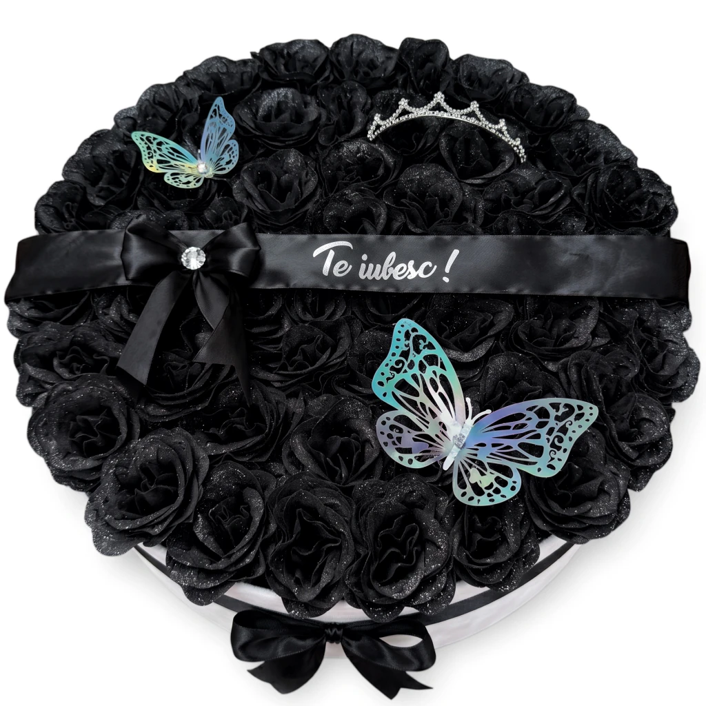 Aranjament floral 51 trandafiri negrii cu sclipici
