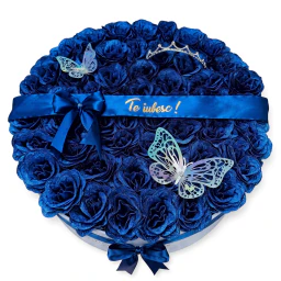 Aranjament floral 51 trandafiri albastrii inchis cu sclipici