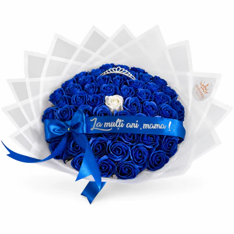 Buchet cu 55 trandafiri albastri si unul alb