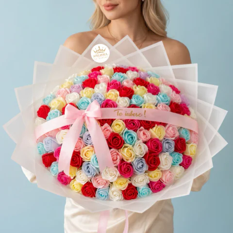 Buchet de flori 101 trandafiri multicolor din sapun personalizat