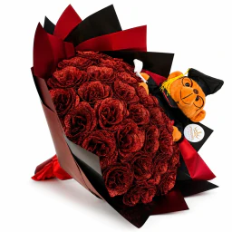 Buchet de flori Rosu pentru absolvire cu ursulet absolvent 31 trandafiri cu sclipici