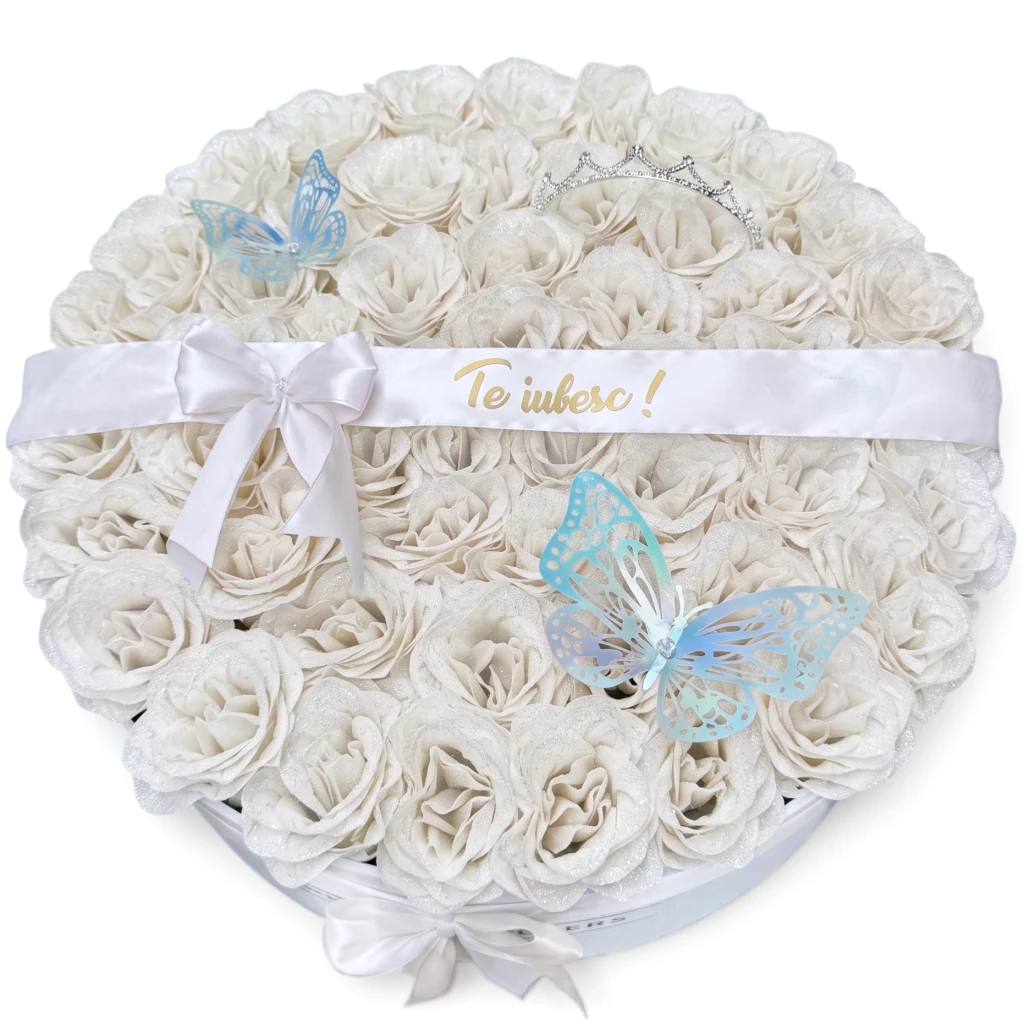 Aranjament floral 51 trandafiri cu sclipici alb