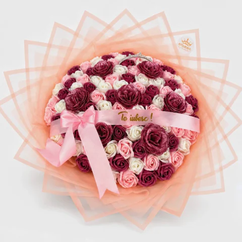 Buchet 101 Trandafiri Roz Pudra de sapun cu sclipici